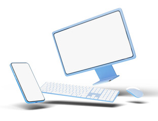 Computer monitor with wireless mouse, keyboard, phone float on blue background. Social media marketing online, e commerce, digital store, shop app concept. Desktop blank white screen. 3d render.