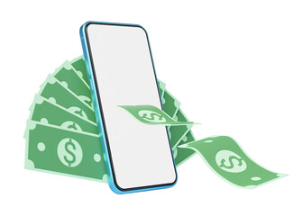 Cash money flew out of phone floating on blue background. Mobile banking and Online payment service. Saving money wealth and business financial concept. Smartphone money transfer online. 3d render.