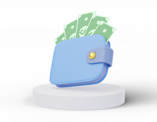 Cash money into wallet on white cylinder podium with blue wave background. Mobile banking and Online payment service. Save dollar coin in bag. Saving money and business financial concept. 3d render.