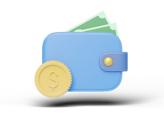 Cash money into wallet, coin float on blue background. Mobile banking and Online payment service. Saving dollar wealth and business financial concept. Transfer and Currency exchange online. 3d render.