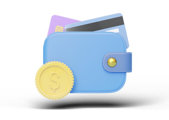 Back credit card into wallet, coin float on blue background. Mobile banking and Online payment service. Digital marketing, E commerce. Saving dollar wealth. Quick and easy shopping retail. 3d render