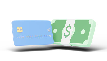 Credit card with Bundles cash floating on blue background. Mobile banking and Online payment service. Borrow money of business. Loan approval. Bonus cash back and refund. Cashback icon 3d render.