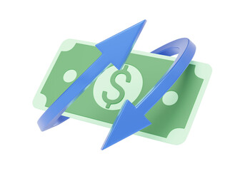 Arrow that circle cash money floating on blue background. Mobile banking and Online payment service. Cashback and refund. Transfer arrows icon and Currency exchange online. Saving dollar. 3d render.