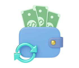 Cash money into wallet, green transfer round arrows icon float on blue background. Mobile banking and Online payment. Cash back and refund. Currency exchange. Saving money wealth concept. 3d rendering - obrazy, fototapety, plakaty
