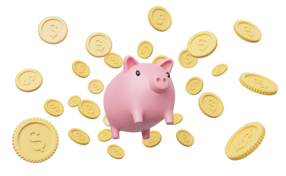 Gold Coin Spread Flew Out Of Pink Piggy Bank Float On Blue Background. Mobile Banking And Online Payment Service. Save Dollar Coin In Money Box. Saving Money And Business Financial Concept. 3d Render.