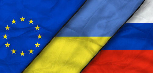 Ukraine, european union, Russia textile flag. Abstract international political relationship friendship gas conflicts concept texture wallpaper. 3d illustration.