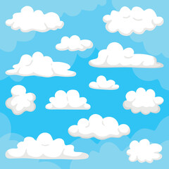 Set of clouds on a blue background. Realistic elements. Flat style vector illustration