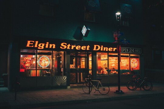 The Elgin Street Diner vintage signs at night, Ottawa, Ontario, Canada