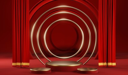 3D rendering of blank product background for cream cosmetics Modern red podium background