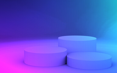 3d purple blue neon light cylinder podium minimal studio gradient dark colors background. Abstract 3d geometric shape object illustration render. Display for nightclub party and technology product.