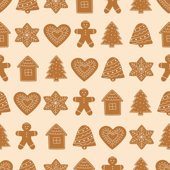 Seamless pattern of gingerbread cookies. Winter homemade sweets on beige background. Vector illustration