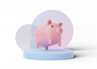 Piggy bank and cylinder podium with pink blue translucent round glass. mobile banking and Online payment service. Saving money wealth and business financial concept. 3d rendering.