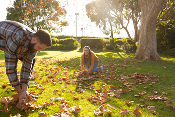 Fototapeta premium Happy caucasian couple collecting leaves in sunny autumn garden