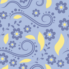Blue and yellow floral seamless pattern. Traditional Ukrainian colours. Simple and cute flowers and leaves.