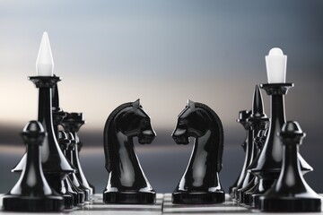 Shiny chess figures standing on wooden chessboard. Intellectual duel and tactical battle symbol....