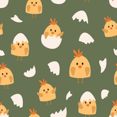 Seamless pattern with hand drawn cute cartoon chicks and eggshells flat style, vector illustration on green background. Decorative endless ornament for wrapping or packaging