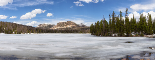 Lake surrounded by Mountains and Trees in Amercian Landscape. Spring Season. Mirror Lake. Hanna, Utah. United States. Nature Background Panorama