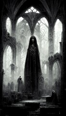 Gothic horror dark scene with skull, bones and skeleton. Artistic abstract gothic. The concept of dark gothic. Perfect for phone wallpaper or for posters.