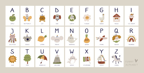 Cute alphabet poster for kids. ABC childish print with cartoon pictures and letters. Funny alphabets for baby education. Milestone print in pastel color
