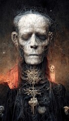 Fototapeta na wymiar Gothic horror dark scene with skull, bones and skeleton. Artistic abstract gothic. The concept of dark gothic. Perfect for phone wallpaper or for posters.