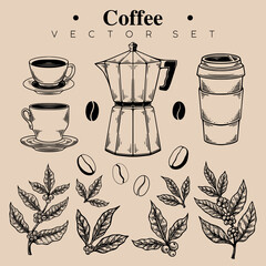 Vector set of coffee theme with vintage hand drawn style design