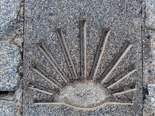 Symbol of the Santiago road, on the streets of León, Castilla y León, Spain.