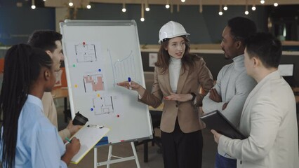 Confident woman in helmet and formal suit explaining architectural project on flip chart to diverse colleagues during business presentation in office. Concept of cooperation and construction.