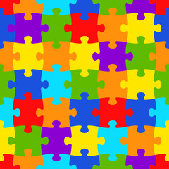 Naklejka premium Seamless pattern from colored jigsaw puzzle pieces, bright background