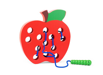 Decorative apple, made of wood and painted by hand paints on abstract black background. contemporary art, modern art