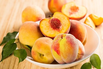 Tasty sweet fresh ripe peaches on a wooden table