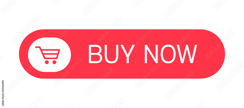 Poster red vector button buy now with text and trolley in the middle isolated on white background..