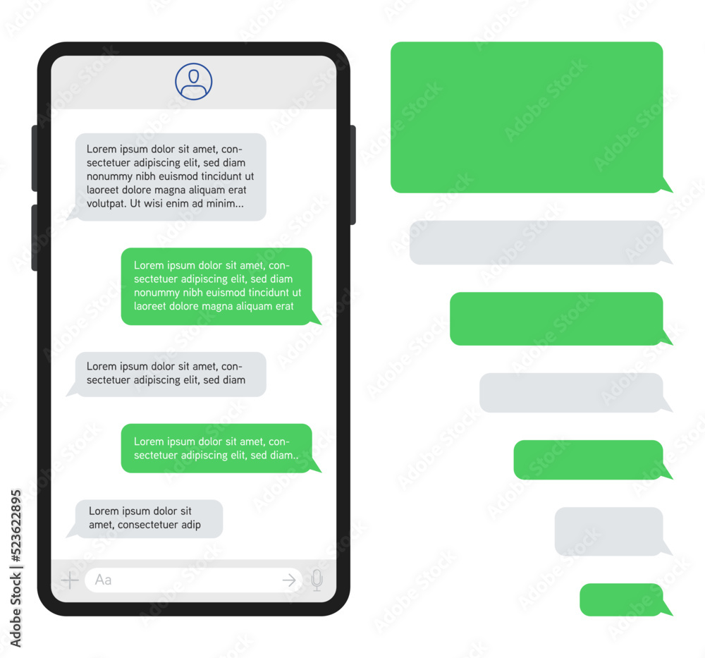 Poster smartphone with messenger chat on screen. template of green and gray message bubbles. vector illustr