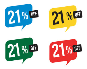 21 percent discount. Blue, yellow, green and red balloons for promotions and offers. Vector Illustration on white background.