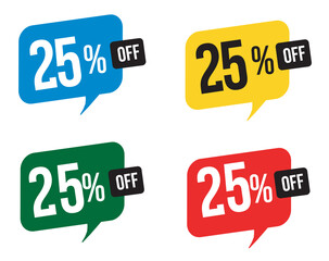 25 percent discount. Blue, yellow, green and red balloons for promotions and offers. Vector Illustration on white background.