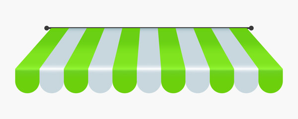 Striped green and white awning for shops, cafes and street restaurants isolated on white background. Vector illustration..