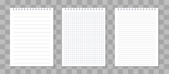Set of notebook papers, blank sheets of square and lined paper isolated on a transparent background. Vector illustration..