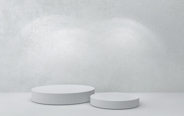 Product setting podium in neutral grey colors, against concrete wall. Empty scene full of light,...