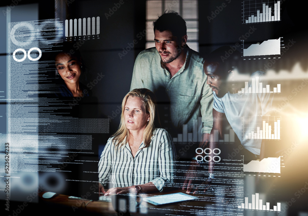 Poster Computer engineers reading code, cgi data and analyzing special effects charts while working late at night. Manager and team leader helping diverse group with web developing SEO and designing website