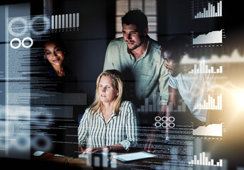 Computer engineers reading code, cgi data and analyzing special effects charts while working late at night. Manager and team leader helping diverse group with web developing SEO and designing website