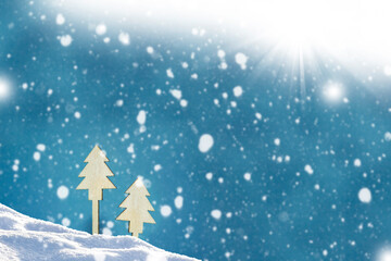 Blurred background. Christmas tree decorated with bright toys.