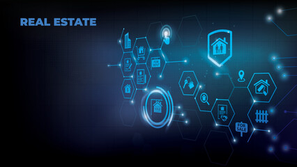 Real estate vector illustration. Concept with connected icons related to property sales and listings, realtor agency and contractor, residential property, investment, housing project