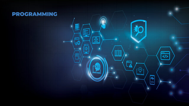 software engineering or programming vector illustration. Blue concept related to html coding, beta testing an application, software design and development process, implementation and verification.