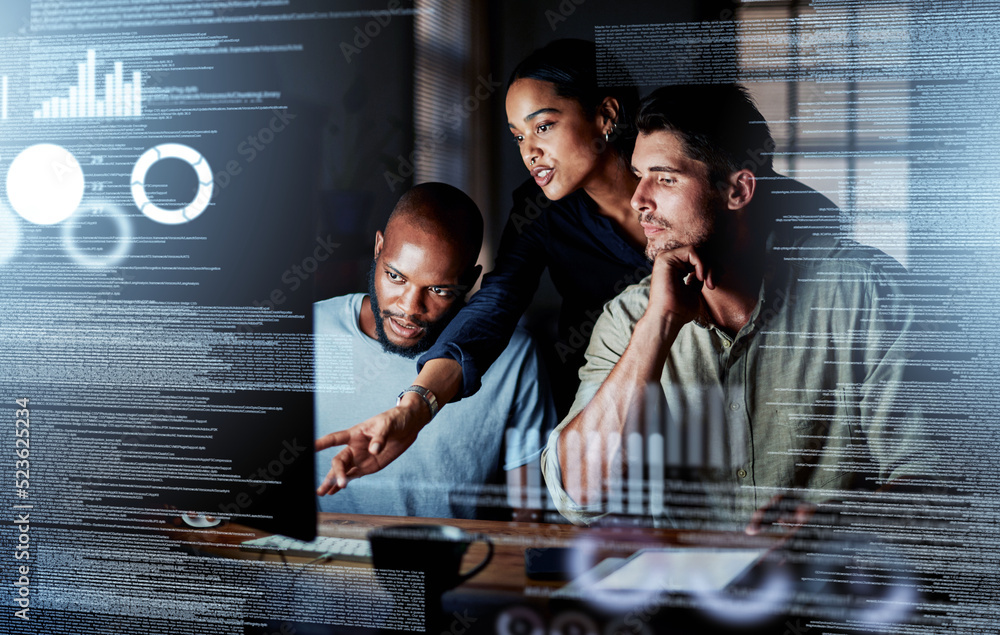 Poster Team of programmers writing digital code in the metaverse and working together on the internet. Group of web designers developing a cybersecurity website, app or software late at night in the office