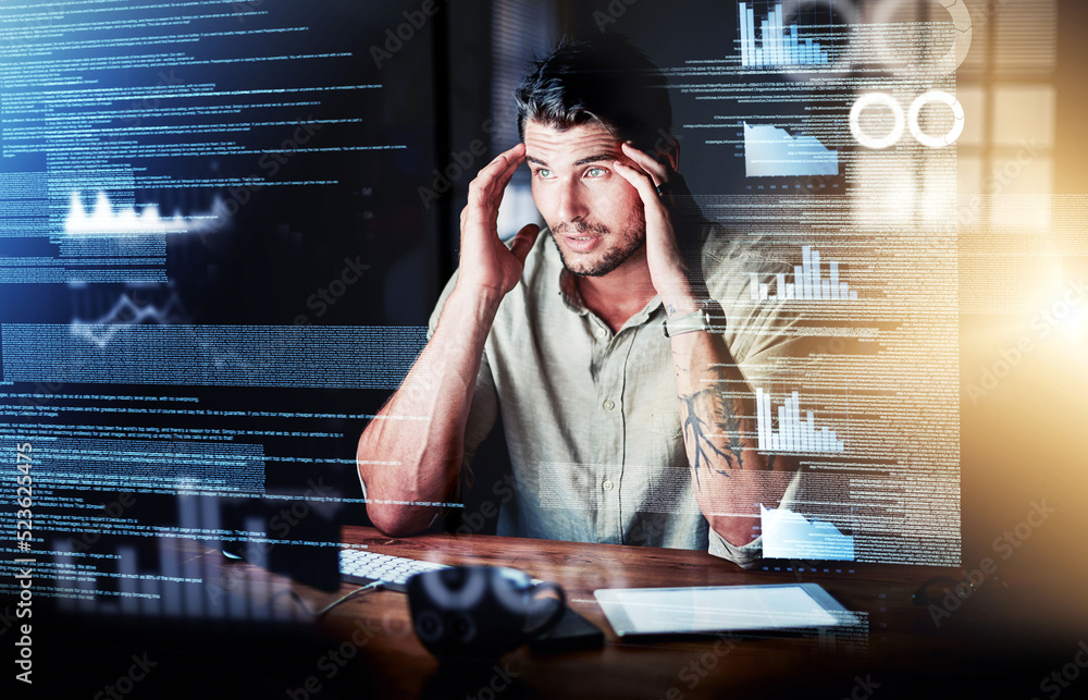 Poster Stressed computer engineer reading code, cgi data and making mistake while analyzing special effects charts while working late at night. Confused, worried and anxious web developer discovering a hack