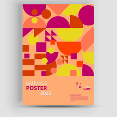 Obraz premium Abstract Bauhaus geometric pattern background, vector circle, triangle, and square lines color art design. Modern vertical mosaic banner vector. Applicable for covers, flyers, etc.