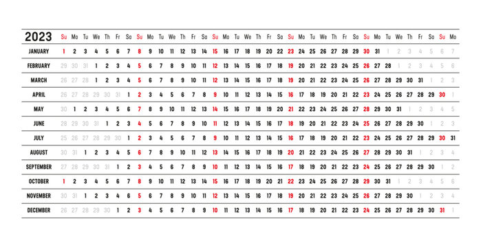 Year 2023 Wall Calendar With Aligned Dates. One Page Vector Template, Linear And Horizontal Design.