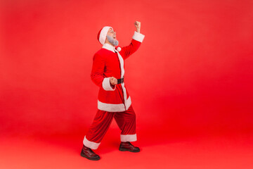 Full length portrait of elderly man with gray beard wearing santa claus costume screaming for joy with raised fists, celebrating holiday, champion. Indoor studio shot isolated on red background.