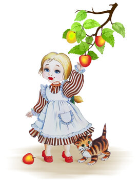 Little girl in retro style with apples and kitten