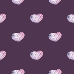 Watercolor pattern with purple hearts on a purple background