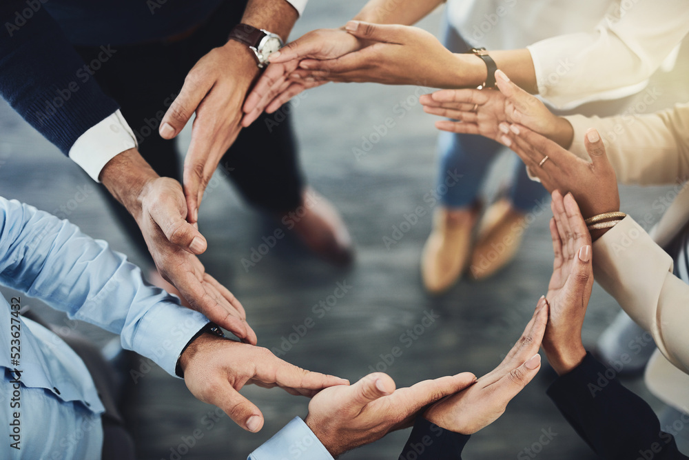 Poster circle of hands, teamwork and togetherness with a group of business colleagues standing in a team hu